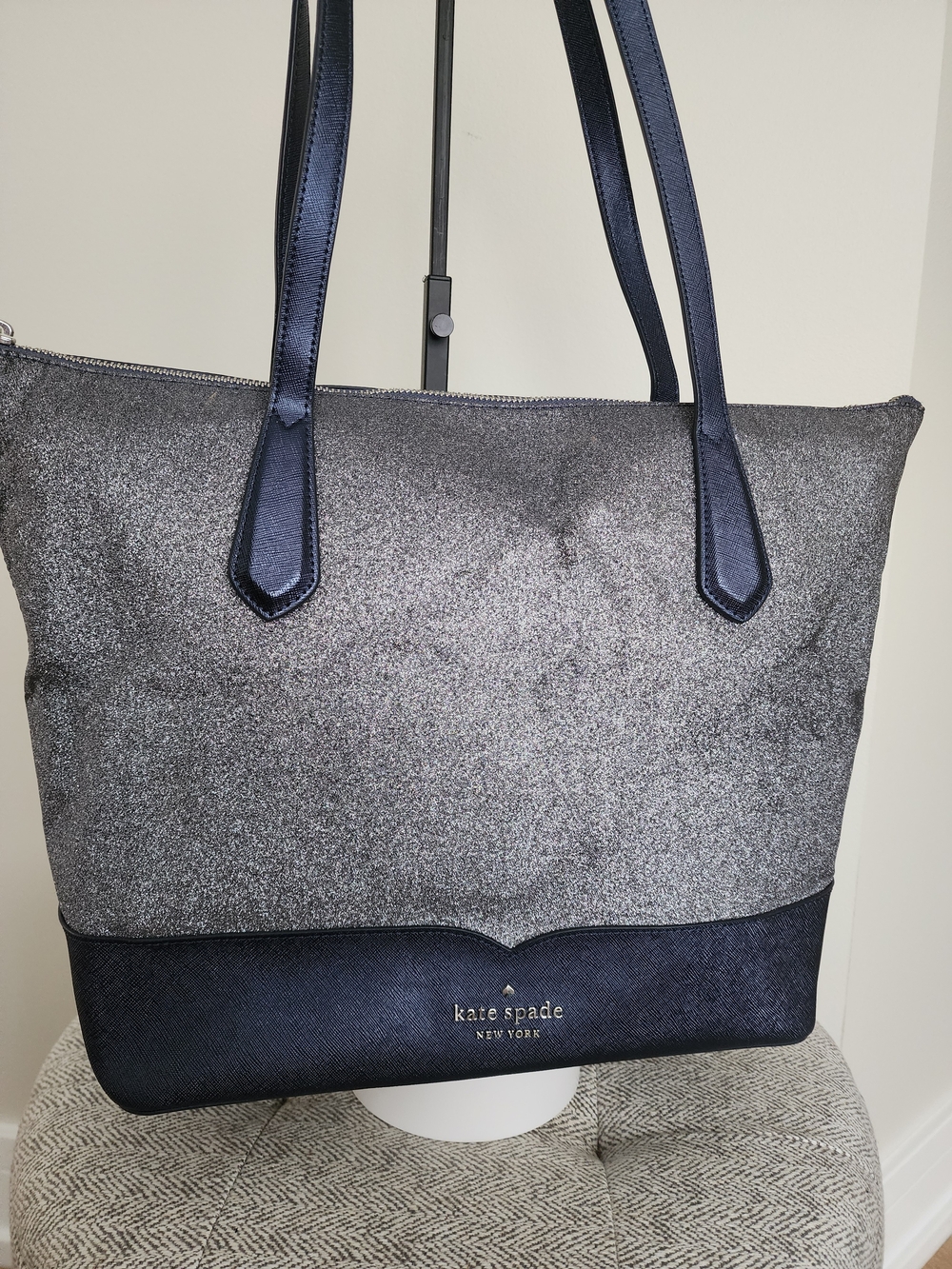 kate spade Lola Glitter Large Tote In Navy Dusk